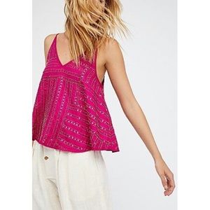 Free People Raspberry Pink Paths Cross Embellished Cami Top